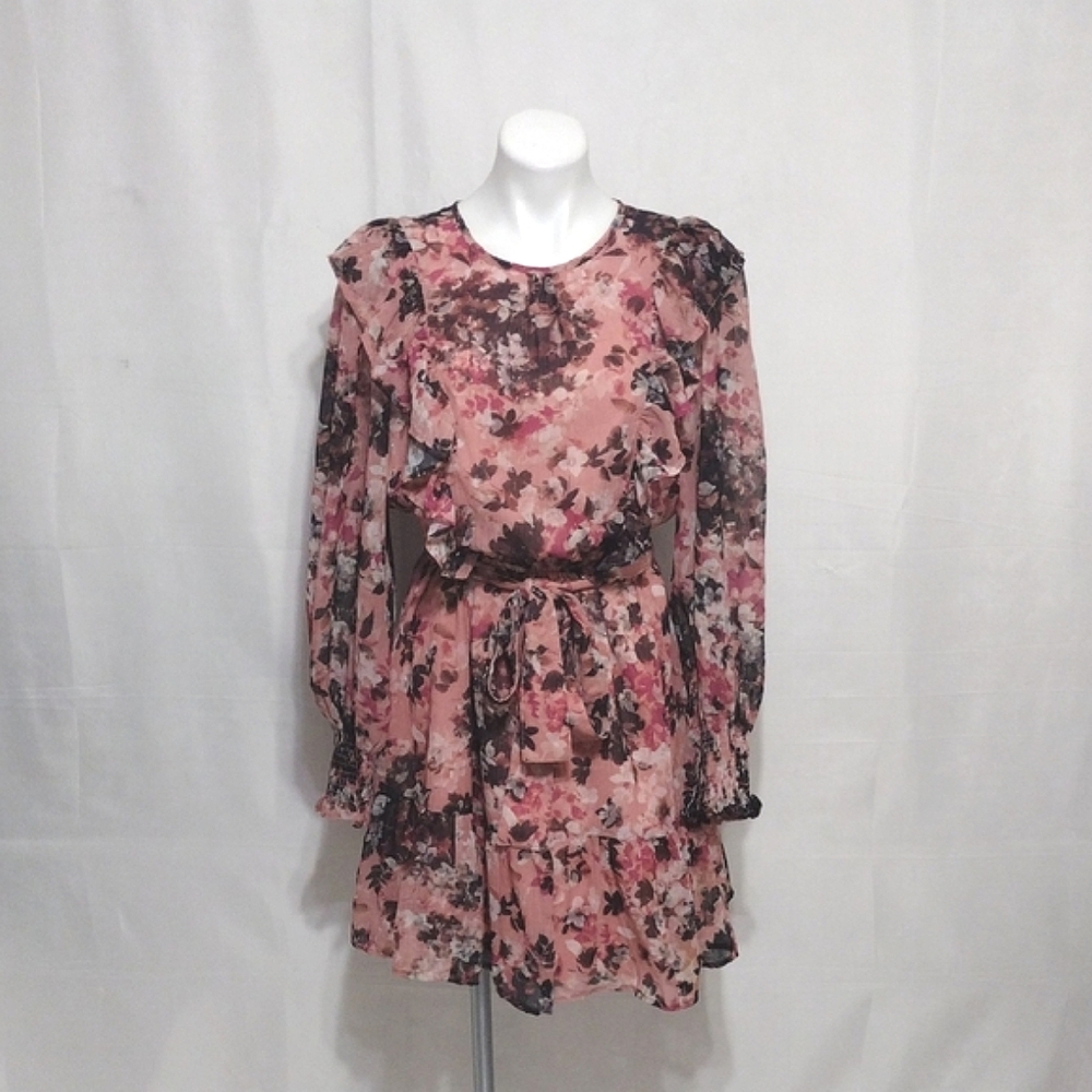 RP Rachel Parcell Romantic Floral Ruffle Chiffon Long Sleeves Dress Blouson 10